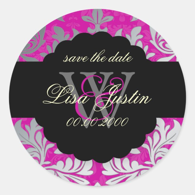 PixDezines Baroque Damask/Imitate Silver+Pink/Mage Runder Aufkleber (Vorderseite)