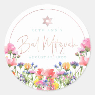 PixDezines Bat Mitzvah, Aquarell Wildblume Runder Aufkleber