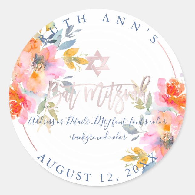 PixDezines Bat Mitzvah, Floral Watercolor, Ombre Runder Aufkleber (Vorderseite)