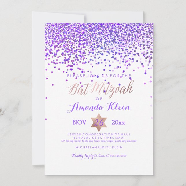 PixDezines Bat Mitzvah/Lila/Rose Gold/Confetti Einladung (Vorderseite)