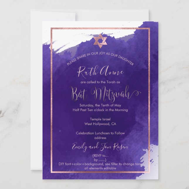 PixDezines Bat Mitzvah |Lila Wasserfarbe Einladung (Rückseite)