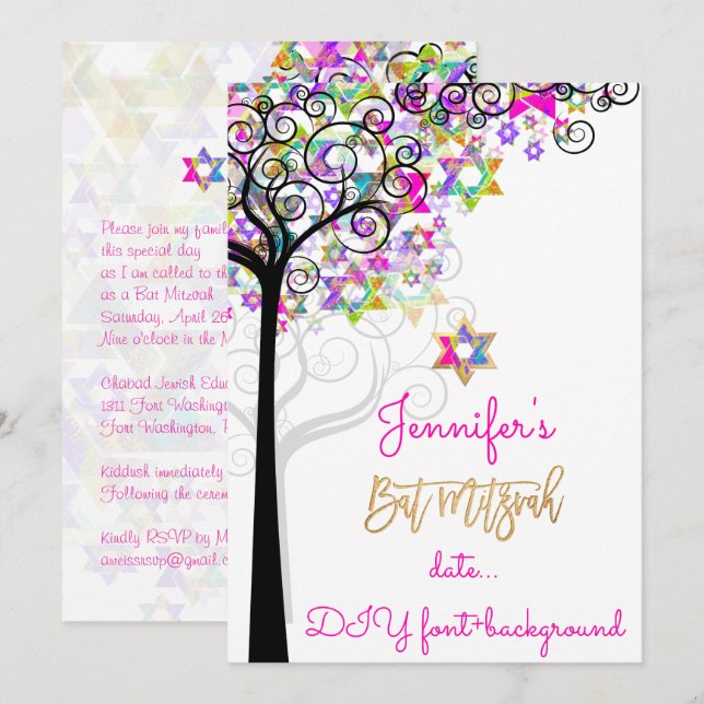 PixDezines BAT MITZVAH/NEON PINK Einladung (Vorne/Hinten)
