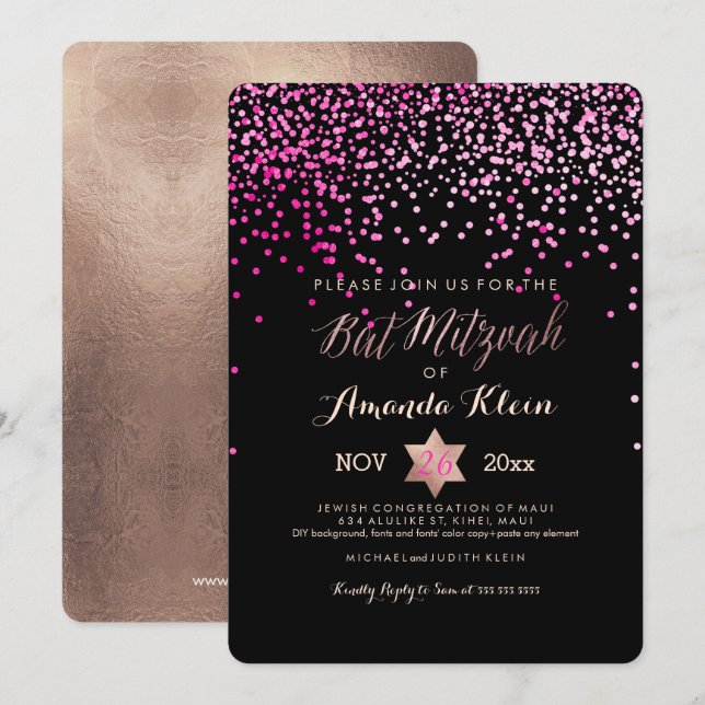 PixDezines Bat Mitzvah/Pink/Rose Gold/Confetti Einladung (Vorne/Hinten)