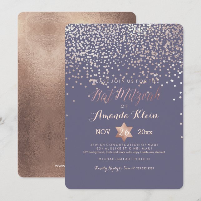 PixDezines Bat Mitzvah/Rose Gold/Confetti Einladung (Vorne/Hinten)