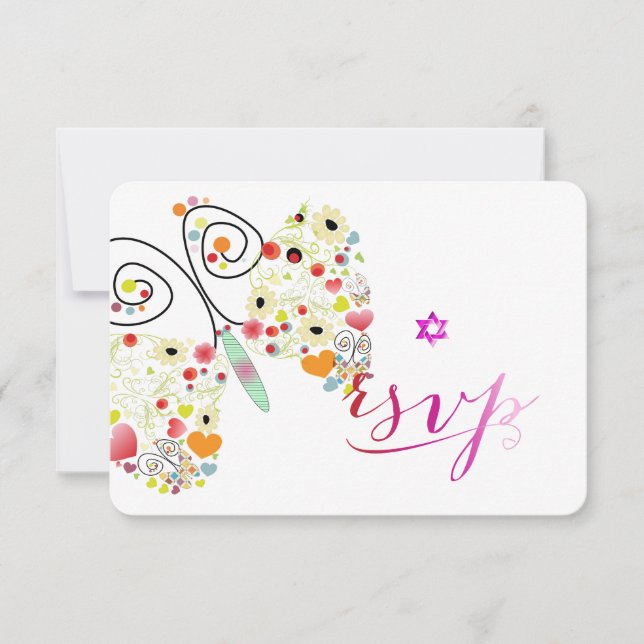 PixDezines Bat Mitzvah/Schmetterlinge RSVP Karte (Vorderseite)