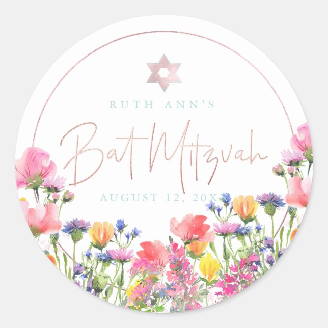 PixDezines Bat Mitzvah, Wilde Blume Runder Aufkleber (Vorderseite)