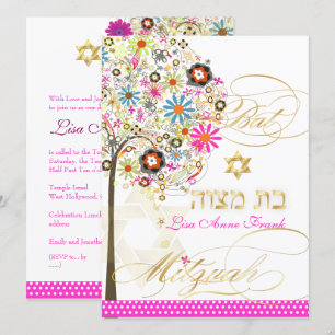 PixDezines BAUM DES LEBENS+BLUMEN BAT MITZVAH Einladung