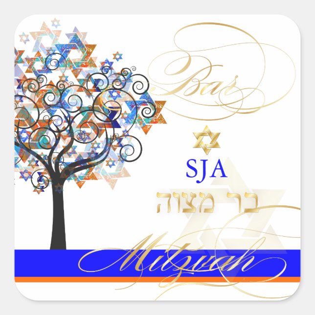PixDezines-Baum des Lebens+Sterne/Bar Mitzvah Quadratischer Aufkleber (Vorderseite)
