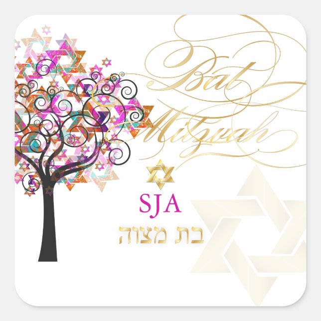 PixDezines Baum des Lebens/Sterne/Bat Mitzvah Quadratischer Aufkleber (Vorderseite)