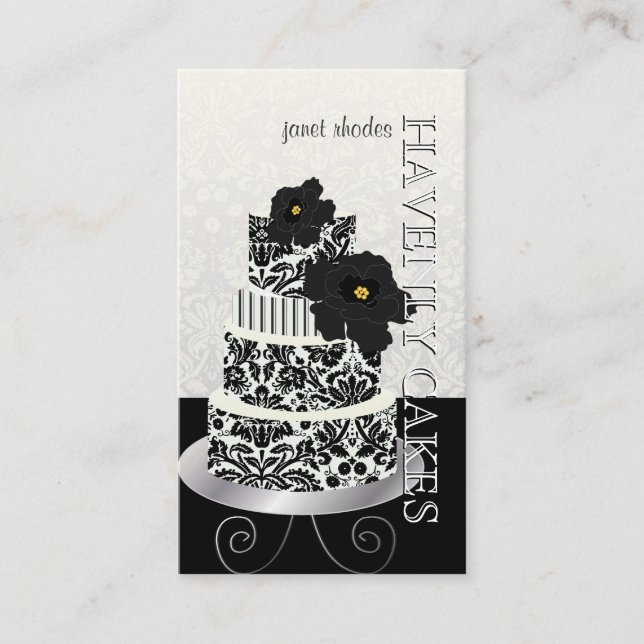 PixDezines Black+White Damask Kuchen/Pâtisserie Visitenkarte (Vorderseite)