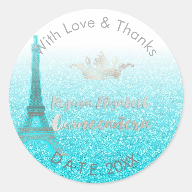 PixDezines Blue Eiffel/Sweet 15/DIY Vielen Dank Runder Aufkleber (Vorderseite)