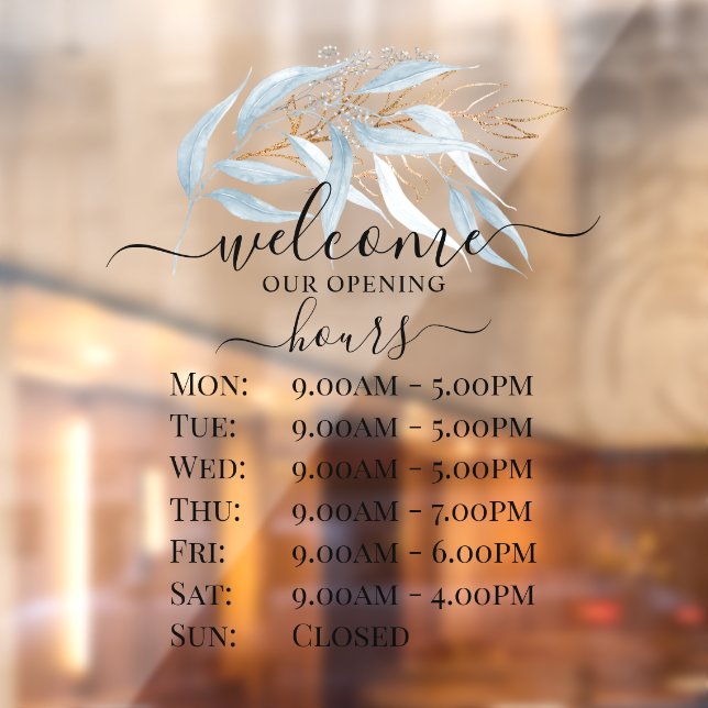PixDezines Blue Gum Eucalyptus Sprig Store Hours Fensteraufkleber (Blatt 2)
