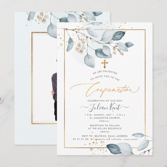 PixDezines Blue Gum Eukalyptus-Bestätigung Einladung (Vorne/Hinten)