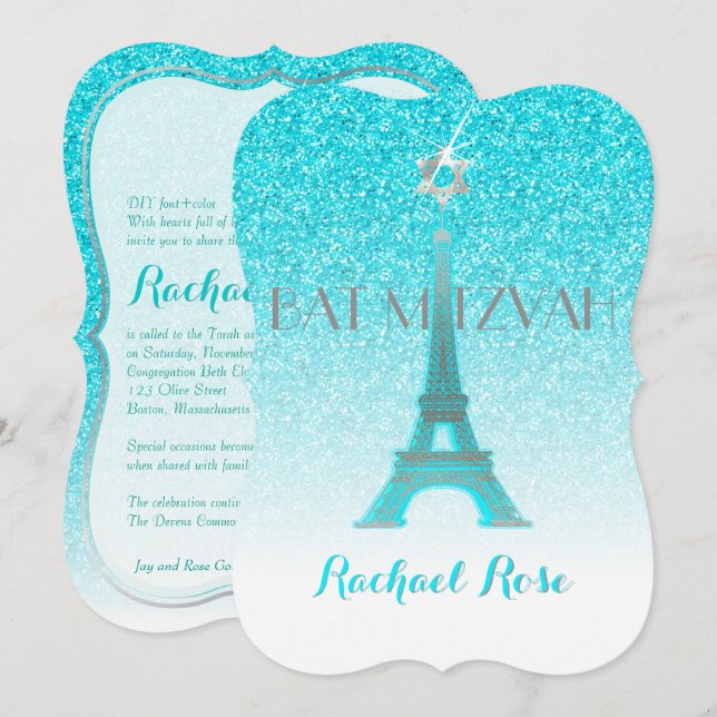 PixDezines Blue Imitats Glitzer Eiffelturm/Mitzvah Einladung (Vorne/Hinten)