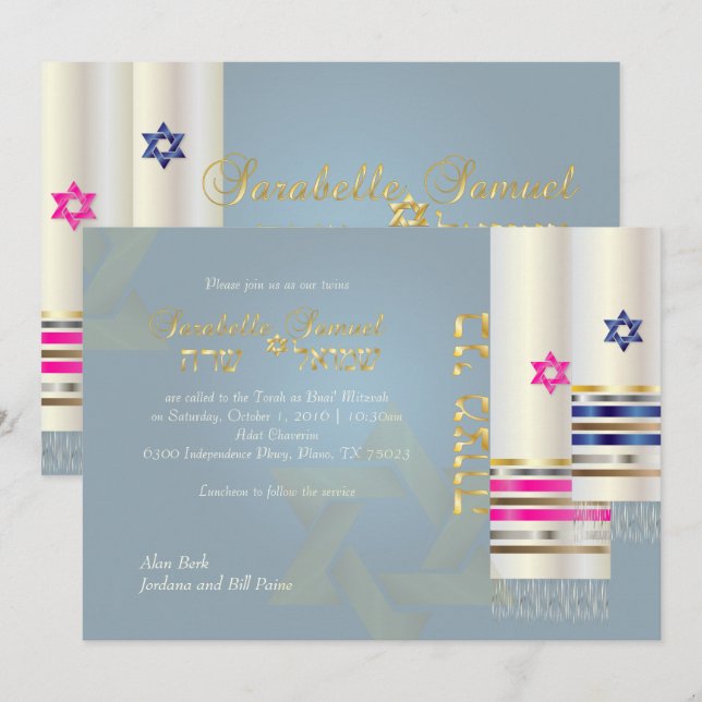 PixDezines Blue/Pink Tallits/B'nai Mitzvah Einladung (Vorne/Hinten)