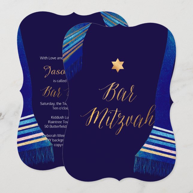 PixDezines ✡ Blue Tallit Bar Mitzvah Einladung (Vorne/Hinten)