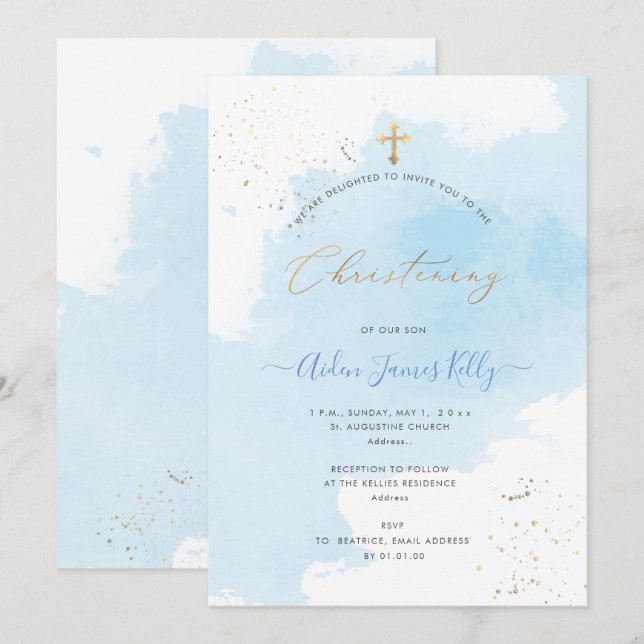 PixDezines Blue Watercolor Confetti Christening Einladung (Vorne/Hinten)