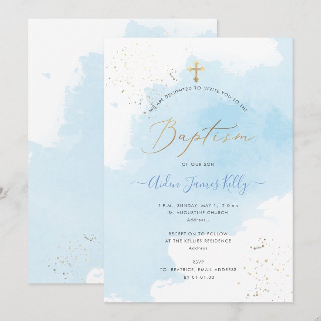 PixDezines Blue Watercolor Gold Dust Taufe Einladung (Vorne/Hinten)
