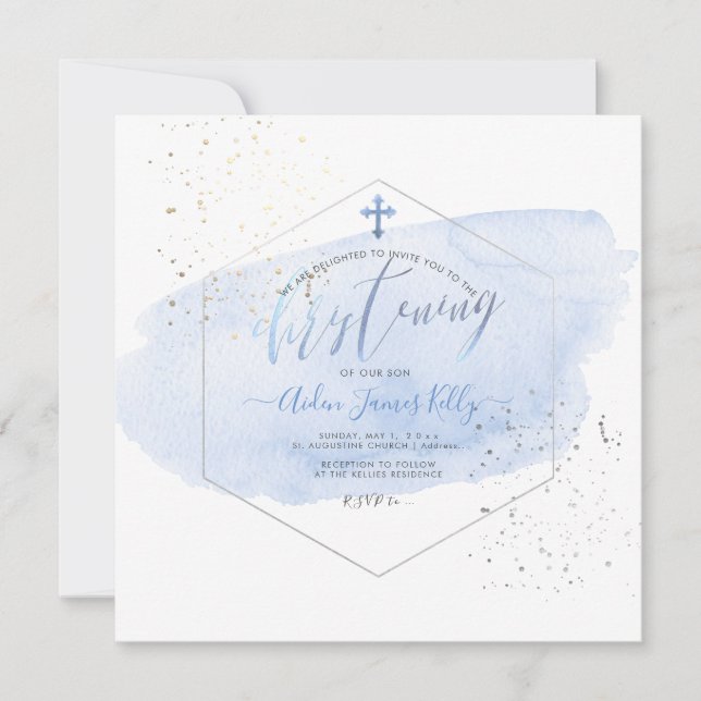 PixDezines Blue Watercolor+Honeycomb Christening Einladung (Vorderseite)