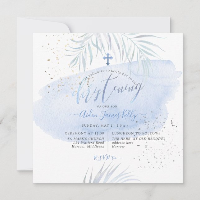 PixDezines Blue Watercolor Palms Christening Einladung (Vorderseite)