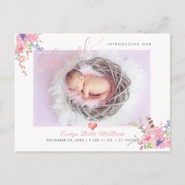 PixDezines Blume+Baby Girl, Imitate Foil Script Ankündigungspostkarte (Vorderseite)