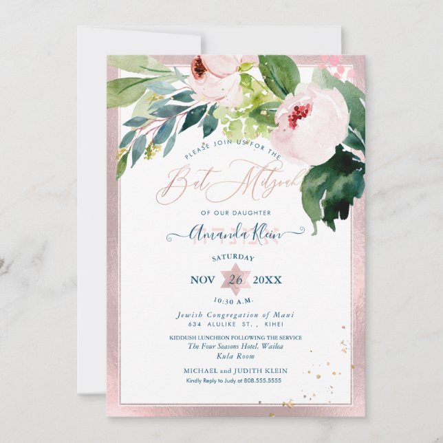 PixDezines Blush Floral Wasserfarbe Bat Mitzvah Einladung (Vorderseite)