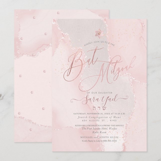 PixDezines Blush Pink Aquarellfarbe Agate Bat Mitz Einladung (Vorne/Hinten)