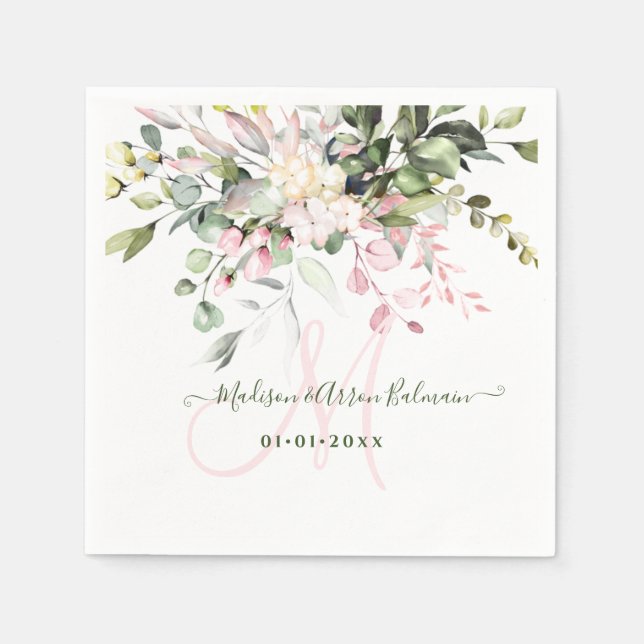 PixDezines Blush Pink Gum Eukalyptus Monogram Serviette (Vorderseite)