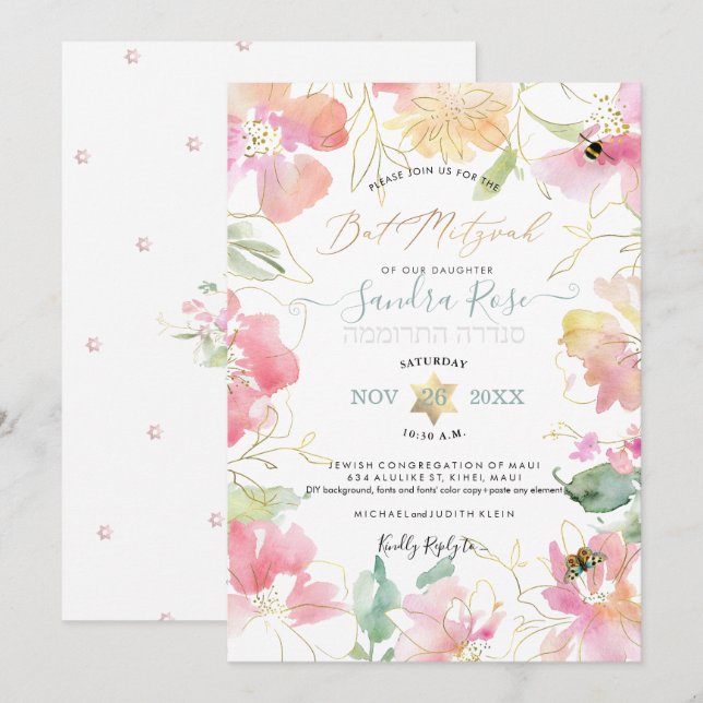 PixDezines Blush Sweetpeas Watercolor Bat Mitzvah Einladung (Vorne/Hinten)