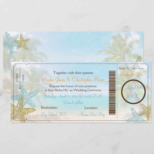 PixDezines Boarding Pass+Beach Hochzeit Einladunge Einladung (Vorne/Hinten)