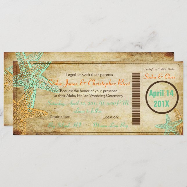 PixDezines Boarding Pass+Beach Wedding Invitations (Devant / Derrière)
