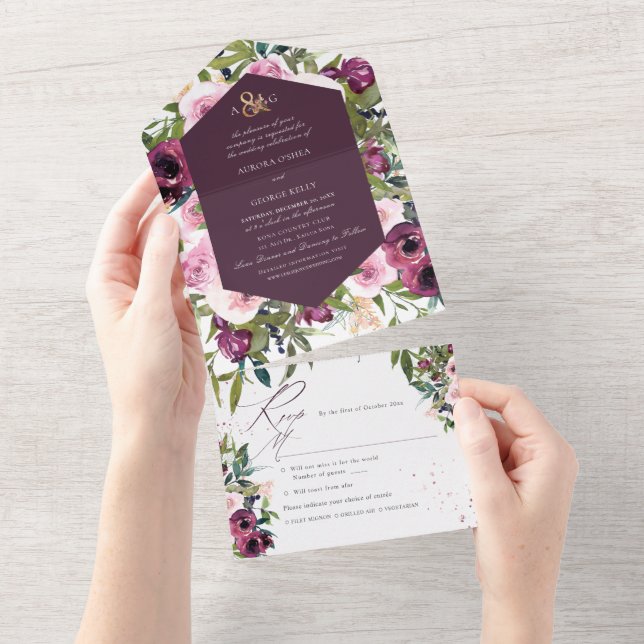 PixDezines Boho Burgundy Pink Peonies All In One Einladung (Abreißen)
