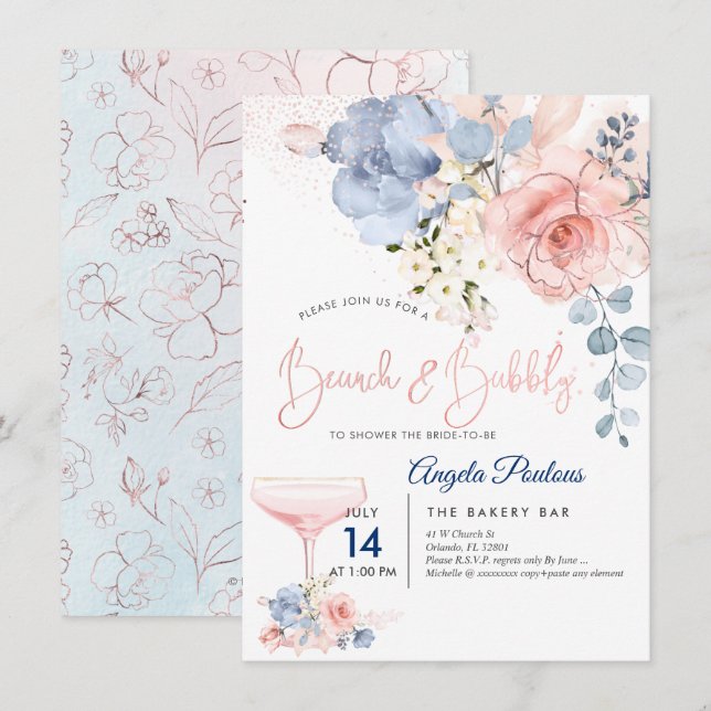 PixDezines Brunch Bubbly Blush+Blue H2 Blume  Einladung (Vorne/Hinten)