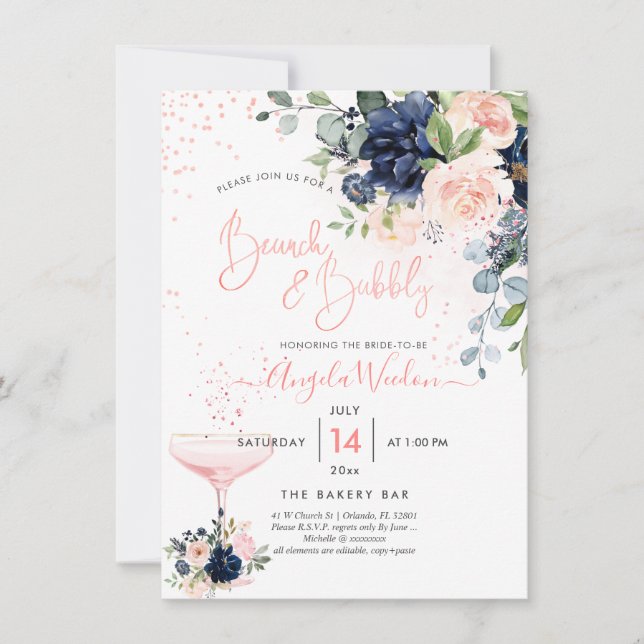 PixDezines Brunch Bubbly Navy Blush H2 Blume Inv Einladung (Vorderseite)