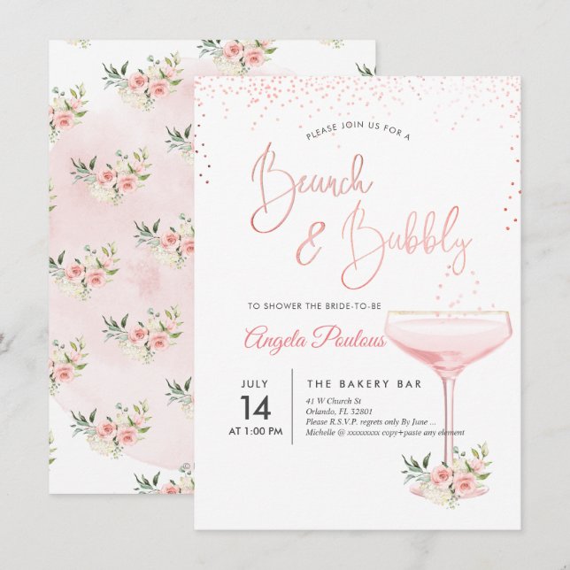 PixDezines Brunch Bubbly/Pink Champagne Glass Einladung (Vorne/Hinten)