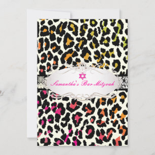 PixDezines bunte Leopardendruck Bar-Mizwa Einladung