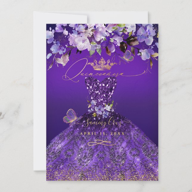 PixDezines Butterflies Quinceanera, dunkel Lila Einladung (Vorderseite)
