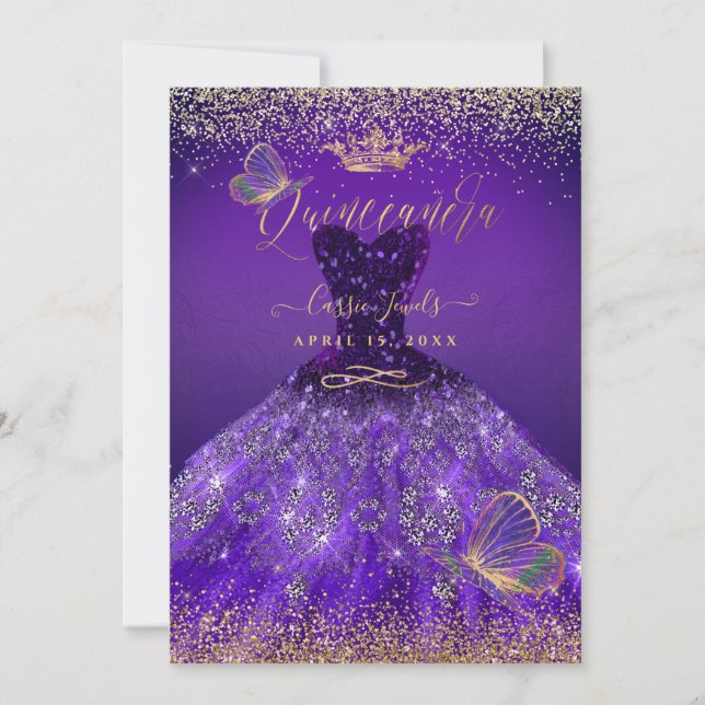 PixDezines Butterflies Quinceanera, dunkel Lila Einladung (Vorderseite)