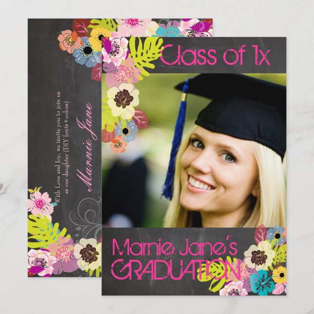 PixDezines Chalkboard + Blumenkohl-Abschluss Einladung (Vorne/Hinten)