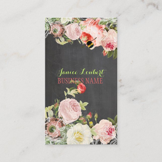 PixDezines Chalkboard+Vintage Peonies Visitenkarte (Vorderseite)