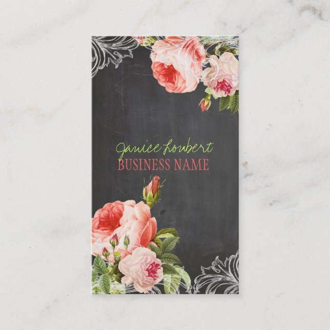 PixDezines Chalkboard+Vintage Rose Visitenkarte (Vorderseite)