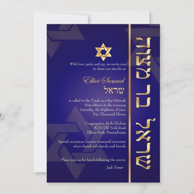PixDezines Classic/Stilvoll Bar Mitzvah/blau/gold Einladung (Vorderseite)