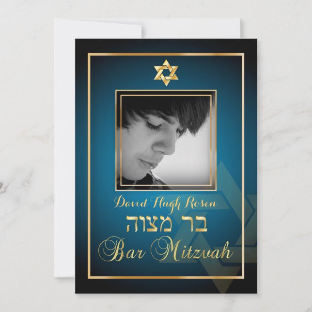 PixDezines Classy Foto Bar Mitzvah/aquamarin blau Einladung (Vorderseite)