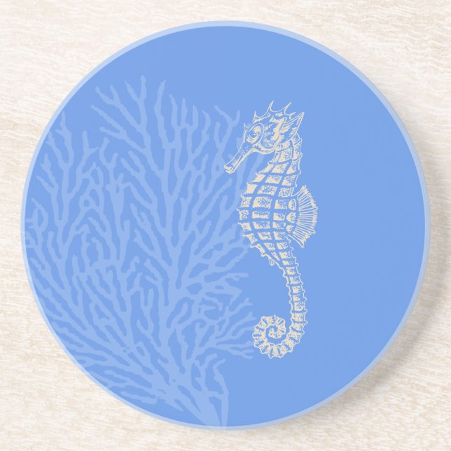 PixDezines Coral+Seepferd/natürlich+blau Sandstein Untersetzer (Vorne)