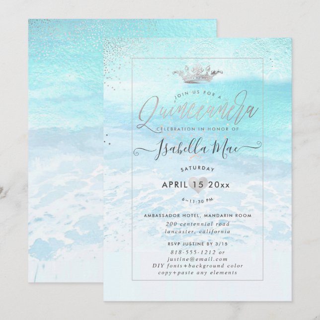 PixDezines Crystal Blue BeachShoreline Quinceanera Einladung (Vorne/Hinten)