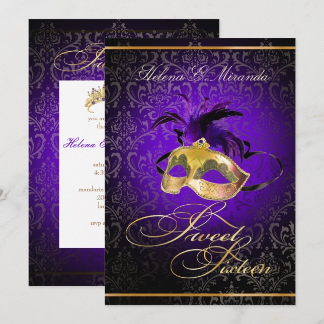 PixDezines DAMASK SWEET 16 MASQUERADE/DIY LILA Einladung (Vorne/Hinten)