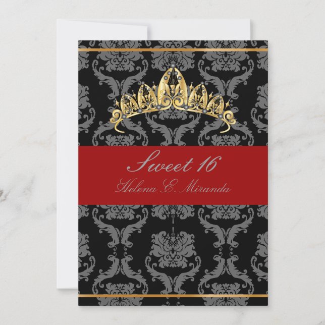 PixDezines Damask Sweet 16/ tiara/black/red velvet Einladung (Vorderseite)