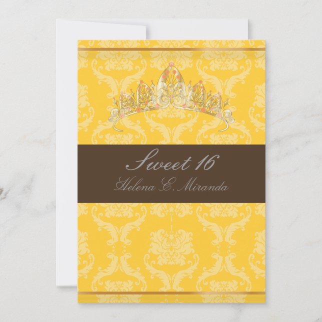 PixDezines Damask Sweet 16/ tiara/gelb+Schokolade Einladung (Vorderseite)