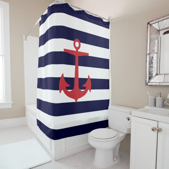 PixDezines DIY Farbe Nautische Streifen/roter Anke Duschvorhang (Beispiel)