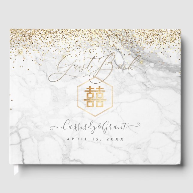 PixDezines Double Happiness Marble+Gold Glitzer Gästebuch (Vorderseite)